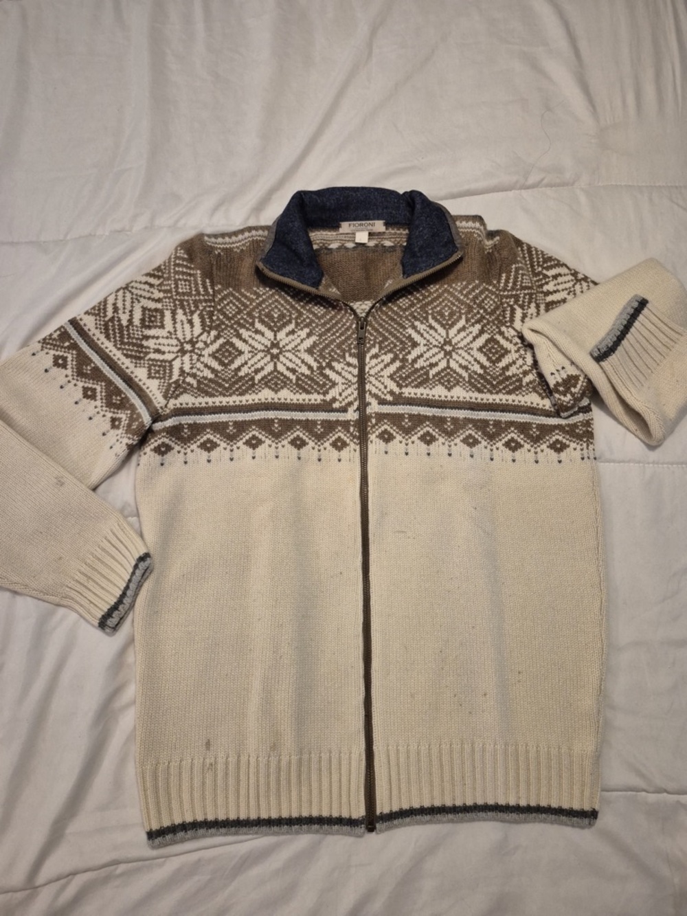 Men's Zip-Front Fair Isle Sweater - Ivory & Brown